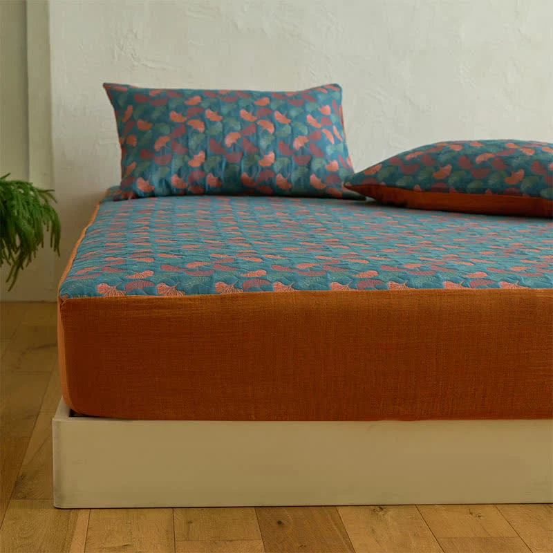 Spannbettlaken aus Baumwollgaze-Jacquard mit Ginkgo-Muster