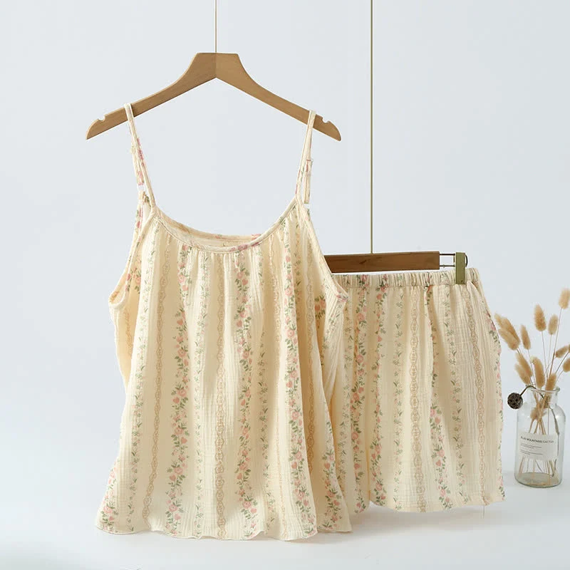Camisole-Pyjama aus Baumwollgaze mit Blumenmuster und Streifen