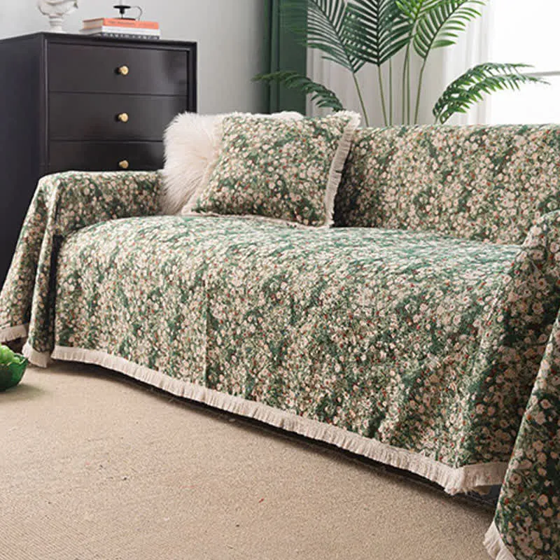 Sofaschoner mit Blumenmuster und Quasten im Landhausstil, Grün