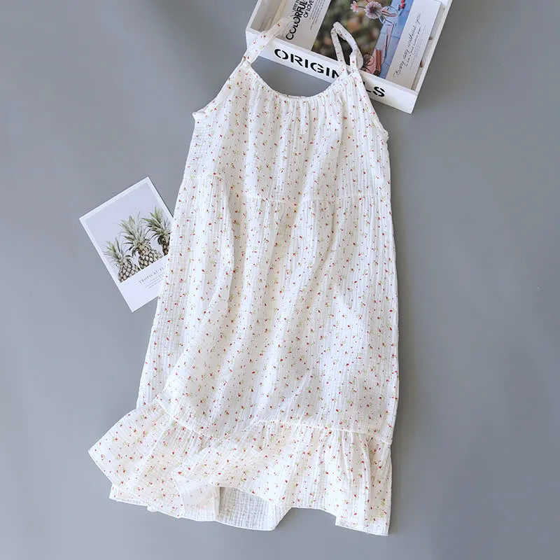 Rotes Camisole-Nachthemd aus Baumwollgaze mit Blumenmuster