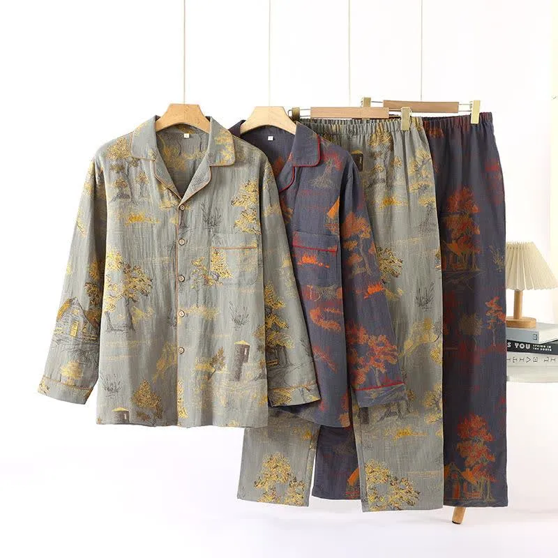 Loungewear-Set aus Jacquard-Baumwolle im Retro-Baum-Design
