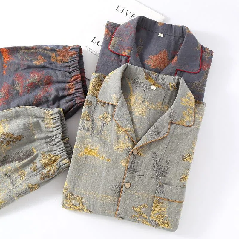 Loungewear-Set aus Jacquard-Baumwolle im Retro-Baum-Design