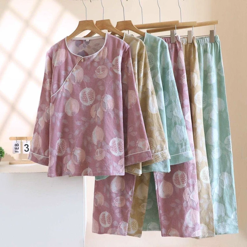 Vintage Granatapfel Baumwollgaze Loungewear Set