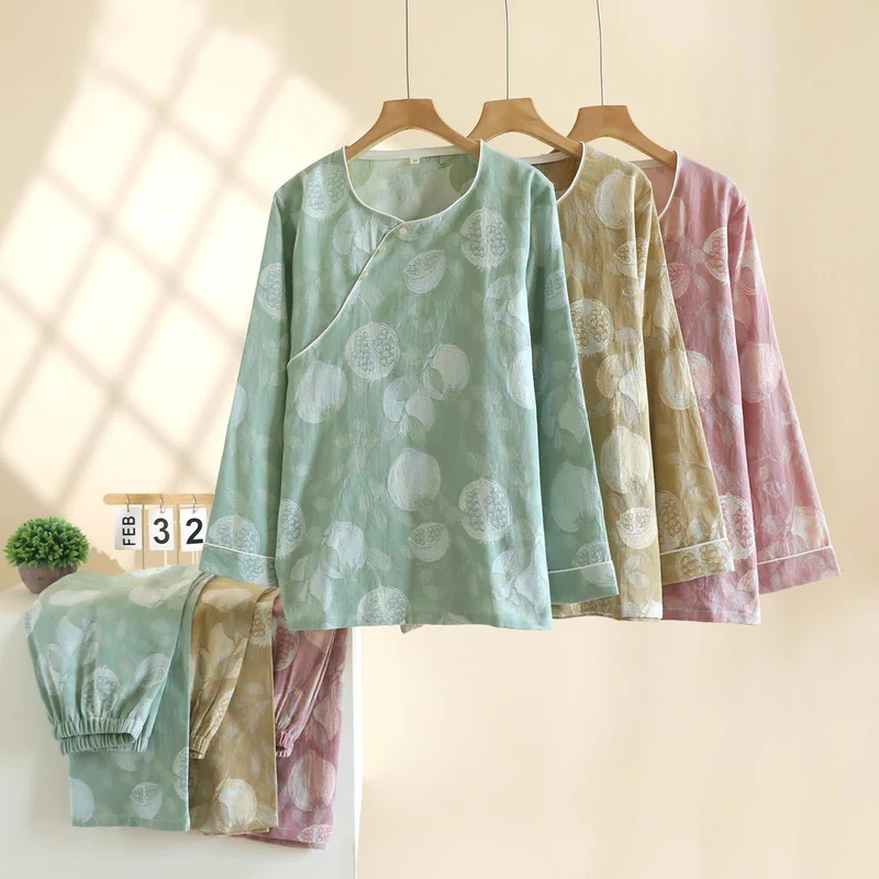 Vintage Granatapfel Baumwollgaze Loungewear Set