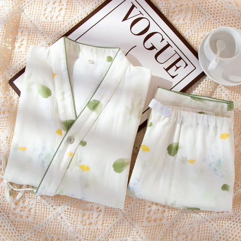 Verstellbares Pyjama-Set aus Baumwollgaze mit Blattmuster und Kimono