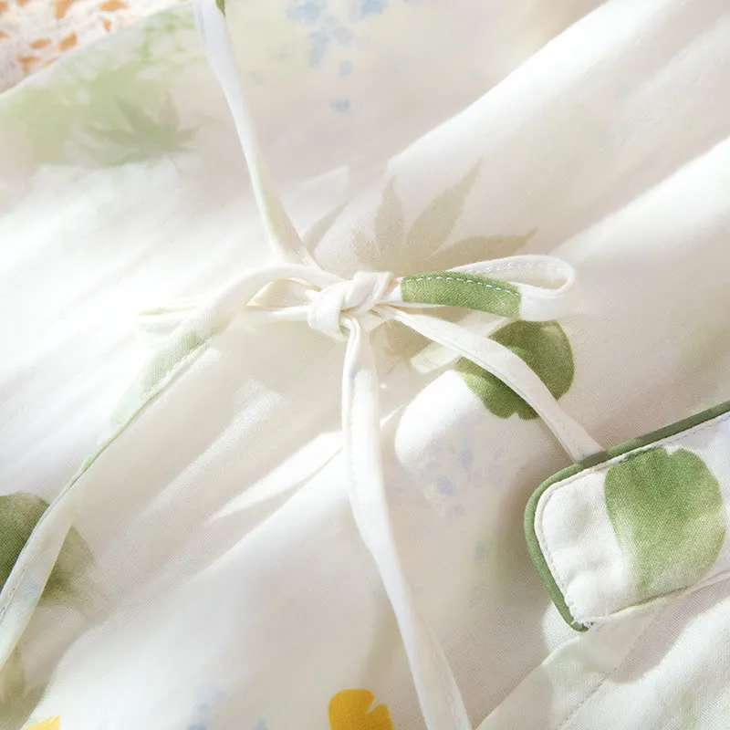 Verstellbares Pyjama-Set aus Baumwollgaze mit Blattmuster und Kimono