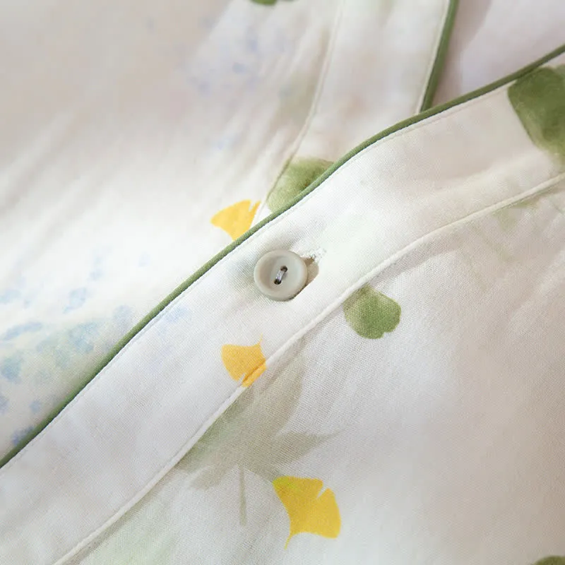 Verstellbares Pyjama-Set aus Baumwollgaze mit Blattmuster und Kimono