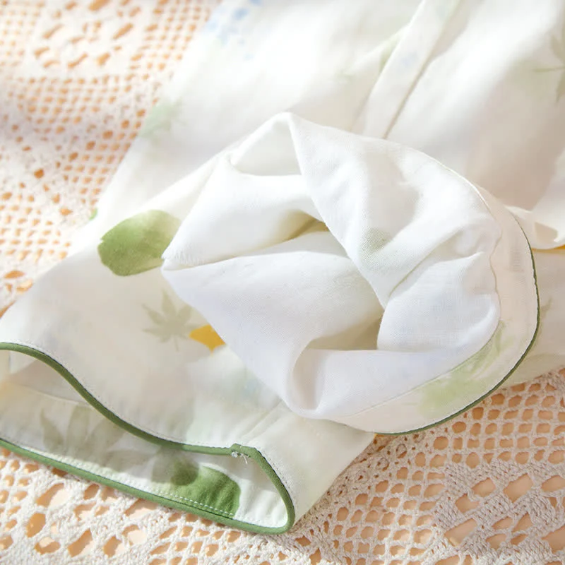 Verstellbares Pyjama-Set aus Baumwollgaze mit Blattmuster und Kimono