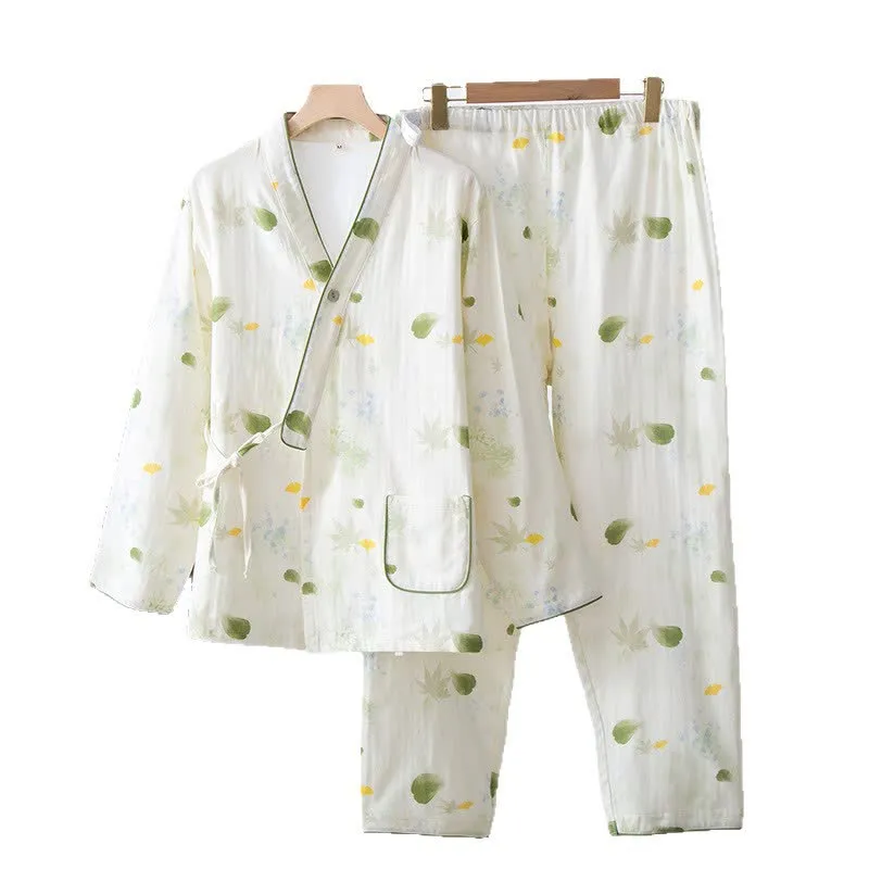 Verstellbares Pyjama-Set aus Baumwollgaze mit Blattmuster und Kimono