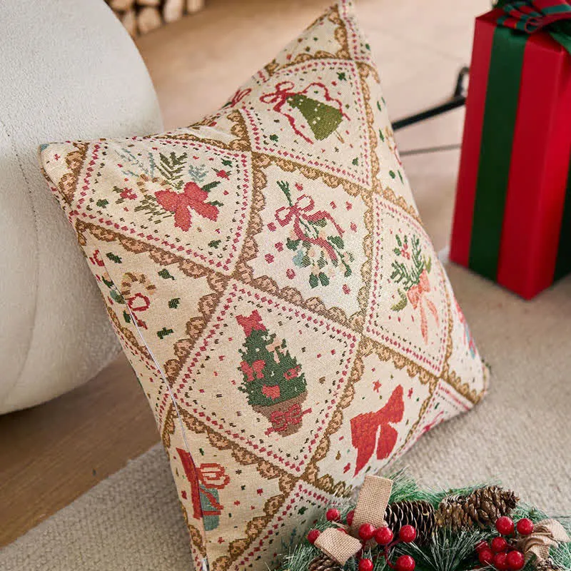 Weihnachts-Jacquard-Kissen mit Schleife und Diamanten