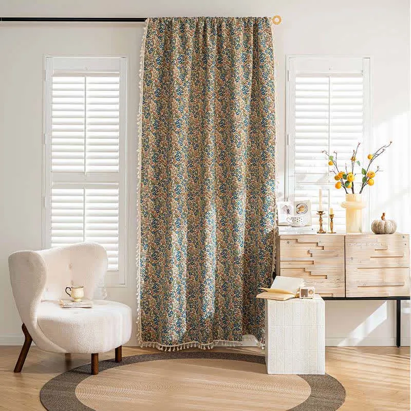 Blauer Jacquard-Vorhang mit Quasten und Blumenmuster