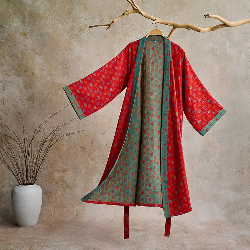 Zweifarbiger Kimono-Bademantel aus Ginkgo-Baumwollgaze