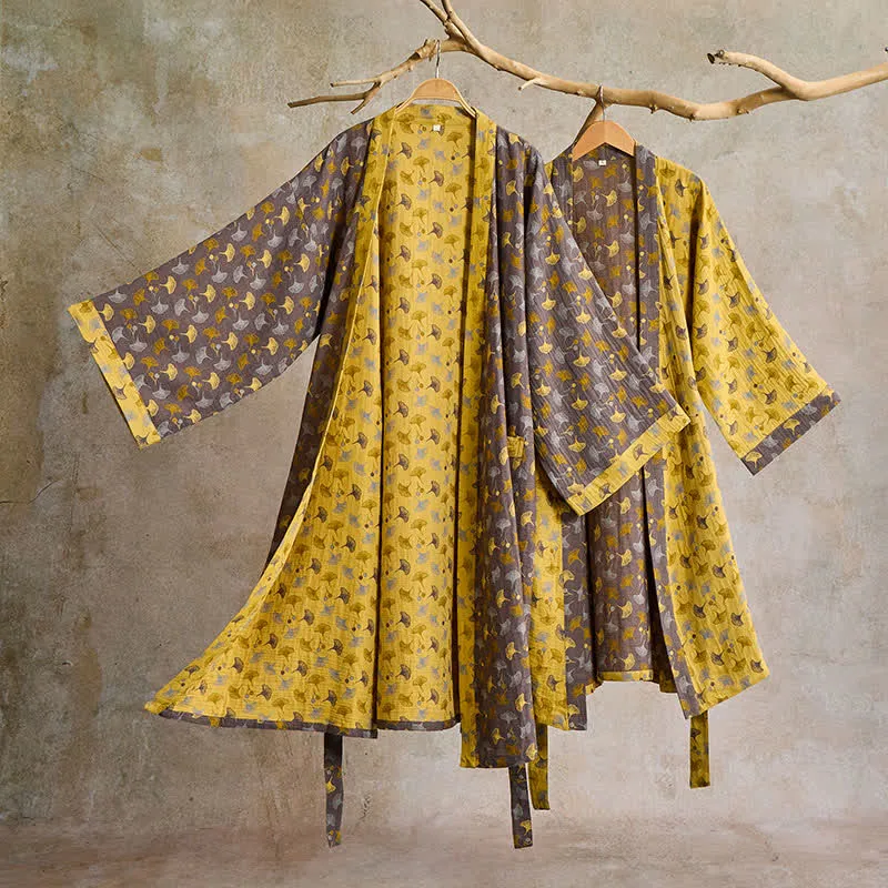 Zweifarbiger Kimono-Bademantel aus Ginkgo-Baumwollgaze