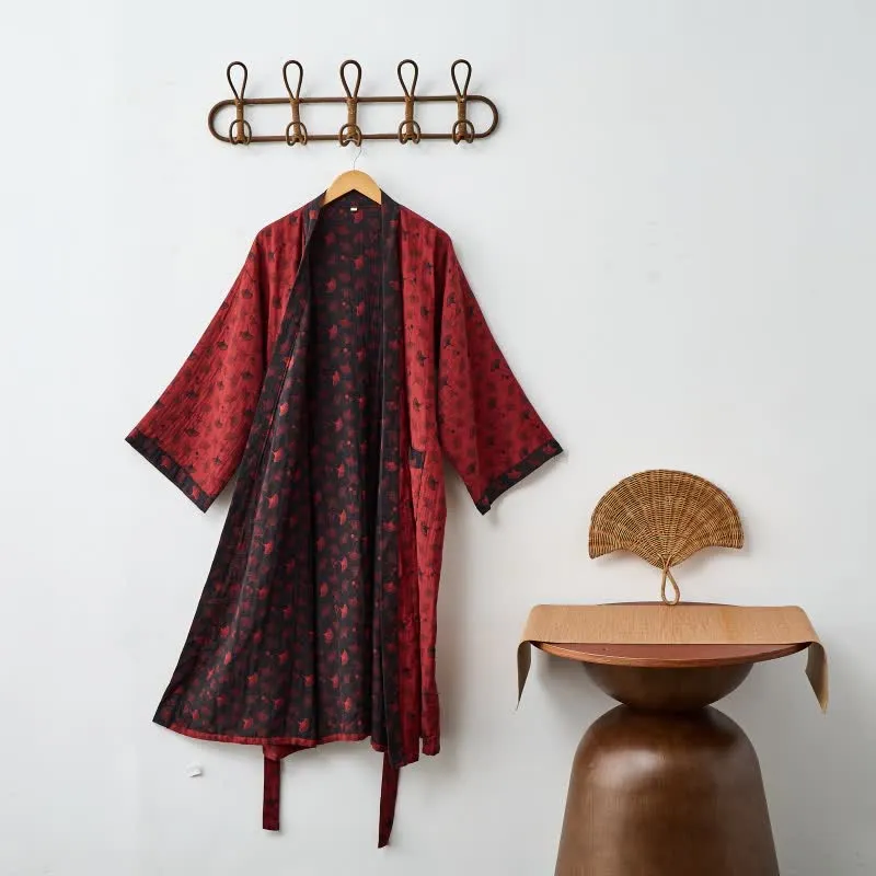 Zweifarbiger Kimono-Bademantel aus Ginkgo-Baumwollgaze