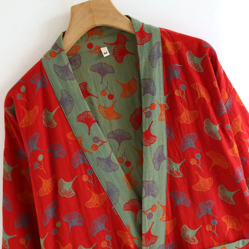 Zweifarbiger Kimono-Bademantel aus Ginkgo-Baumwollgaze