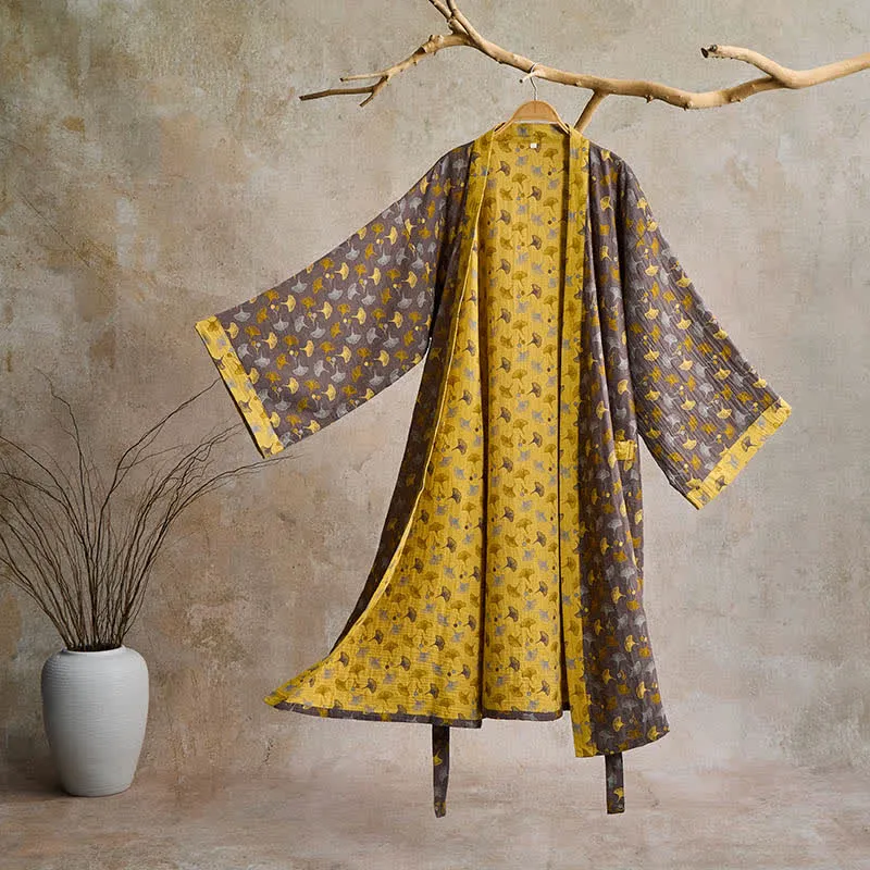Zweifarbiger Kimono-Bademantel aus Ginkgo-Baumwollgaze