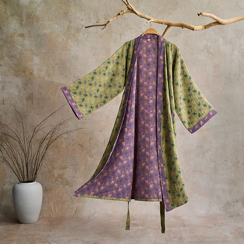 Zweifarbiger Kimono-Bademantel aus Ginkgo-Baumwollgaze