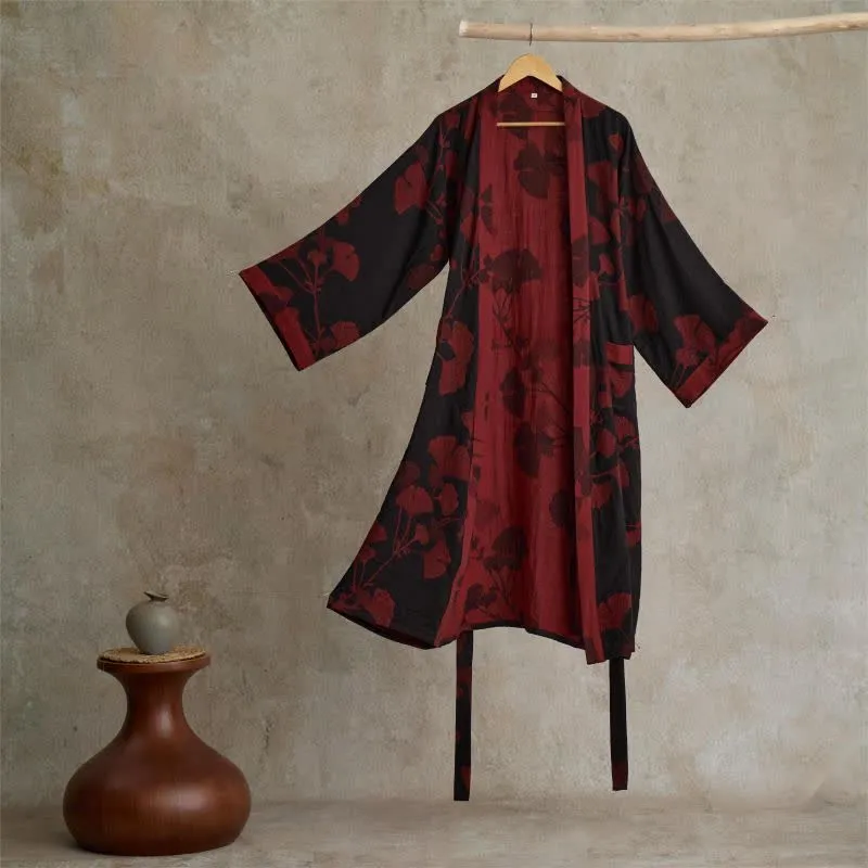 Großer Kimono-Bademantel aus Baumwolle mit Ginkgoblättern