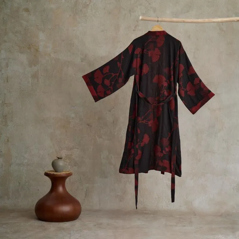 Großer Kimono-Bademantel aus Baumwolle mit Ginkgoblättern