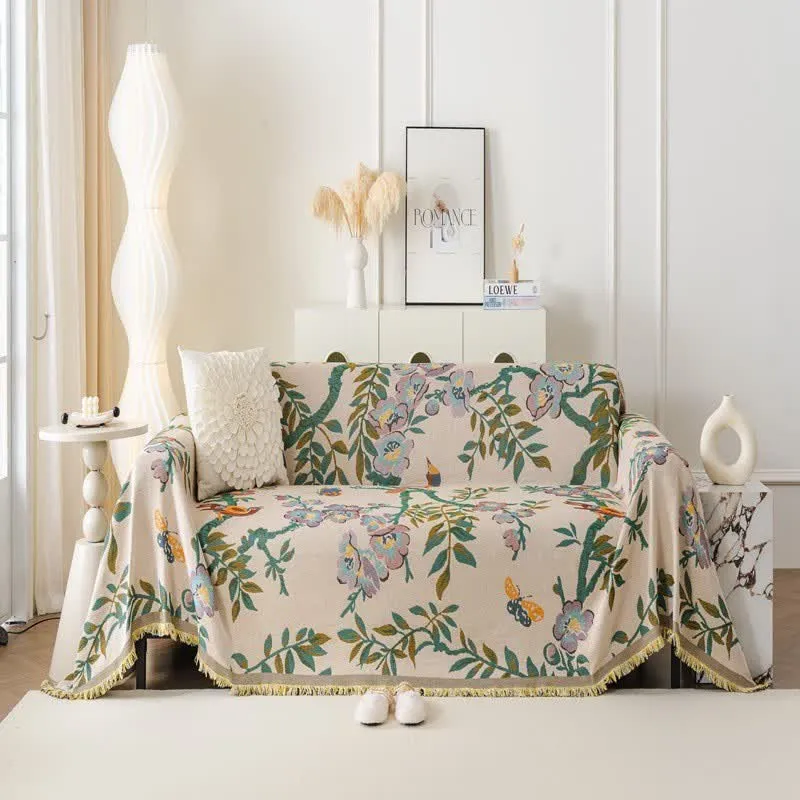 Sofaschoner aus Chenille mit grünem Blatt- und Blumenmuster