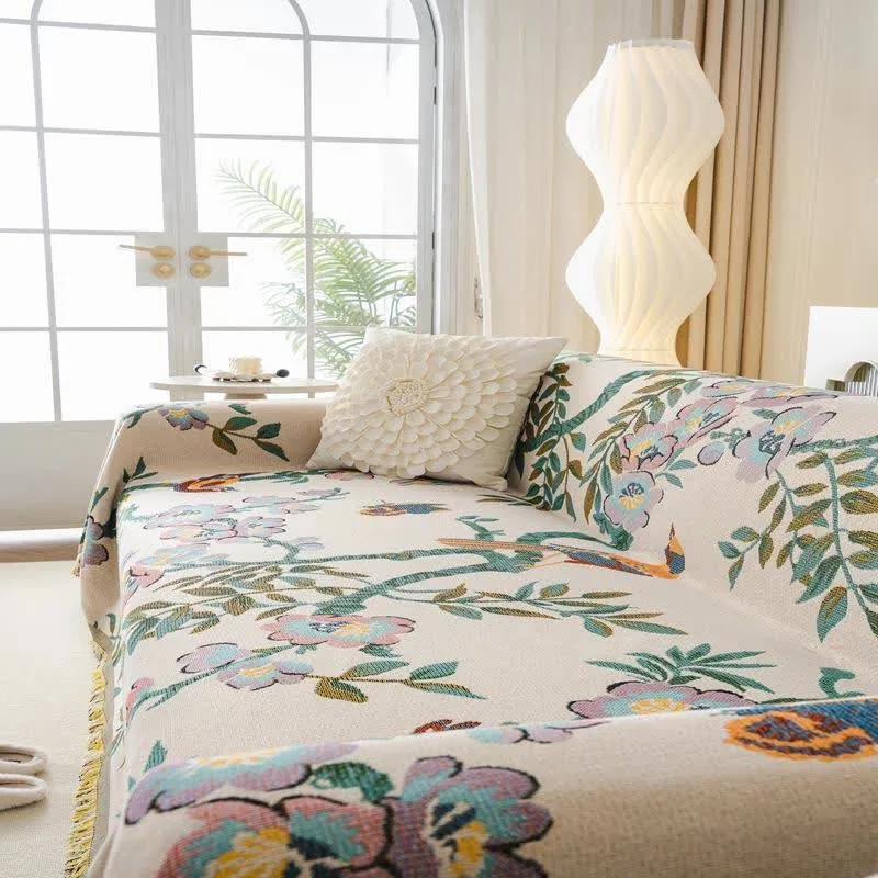 Sofaschoner aus Chenille mit grünem Blatt- und Blumenmuster