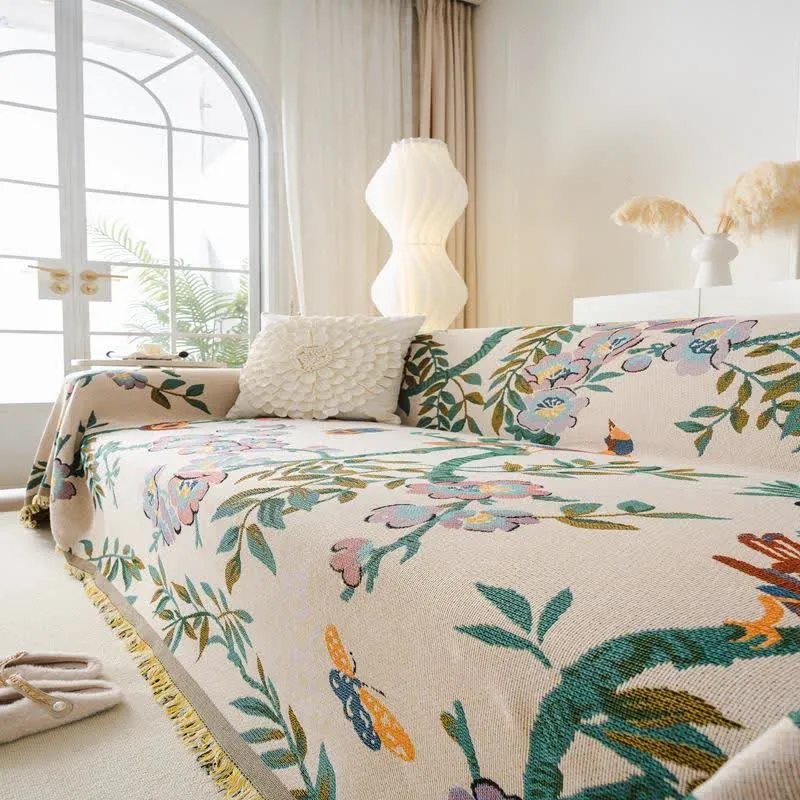 Sofaschoner aus Chenille mit grünem Blatt- und Blumenmuster