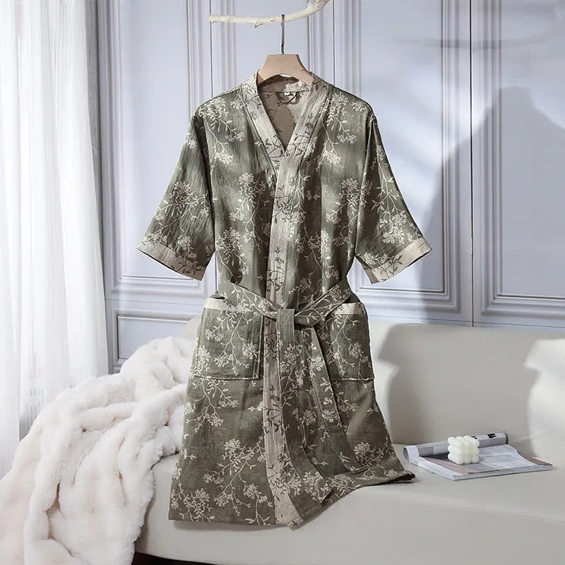 Bademantel aus Baumwollgaze-Jacquard im Vintage-Kimono mit Blumenmuster