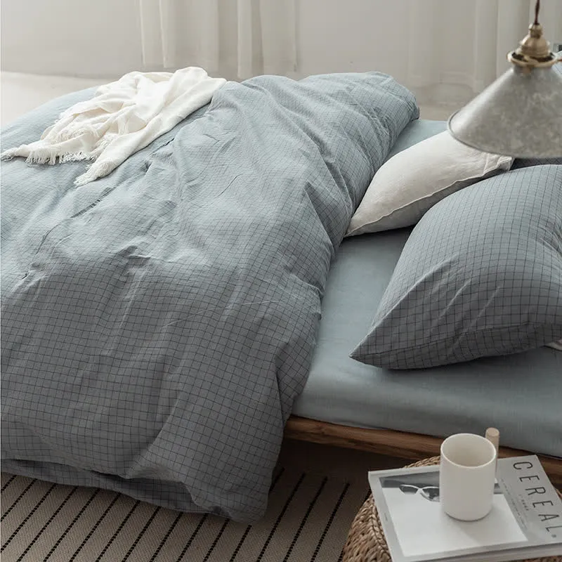 Minimalistisches Gittermuster-Bettwäscheset aus Baumwolle für Schlafsäle