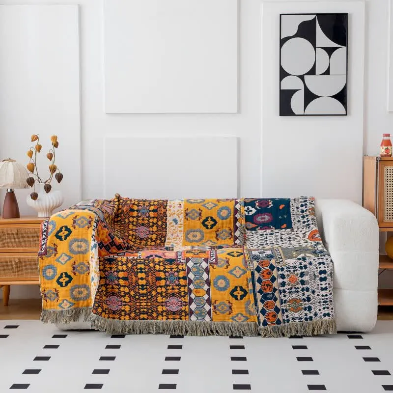 Boho Art Patchwork-Sofadecke aus Baumwolle mit Quasten