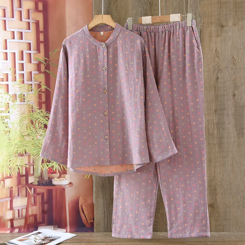 Buntes, garngefärbtes Pyjama-Set aus Baumwolle im Vintage-Stil mit Kreisen
