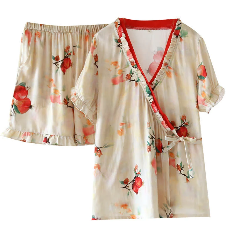 Kurzärmliges Pyjama-Set aus Baumwolle mit überkreuzten Trägern und Granatapfel-Print