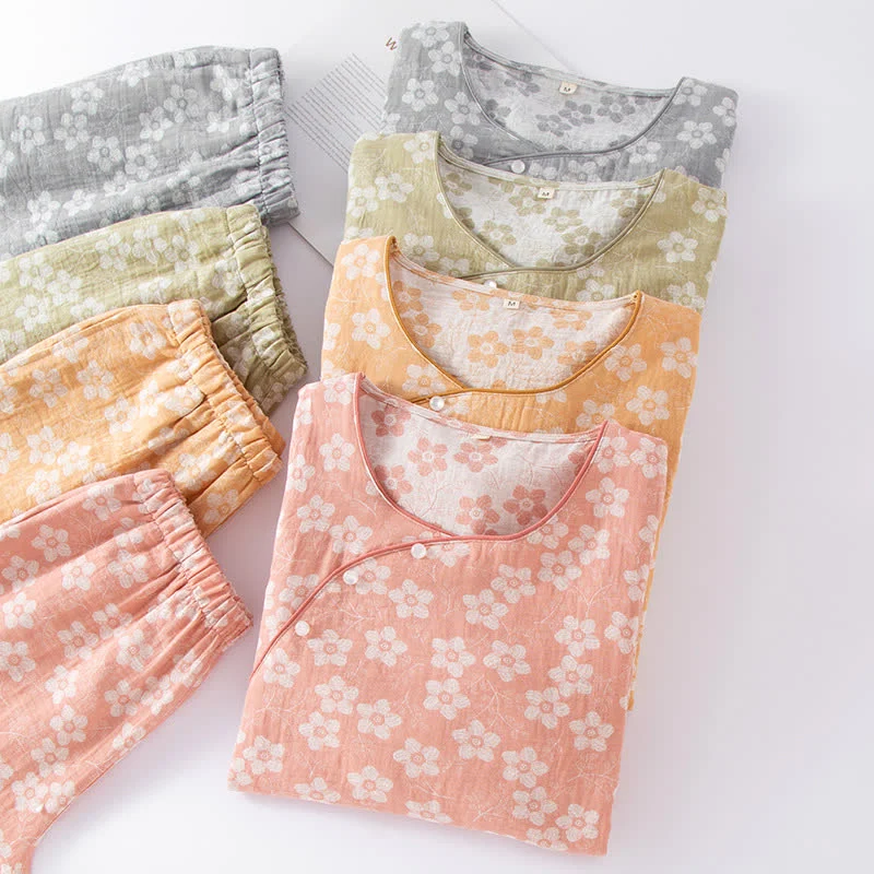 Retro-Pyjama-Set aus garngefärbtem Baumwolljacquard mit Blumenmuster