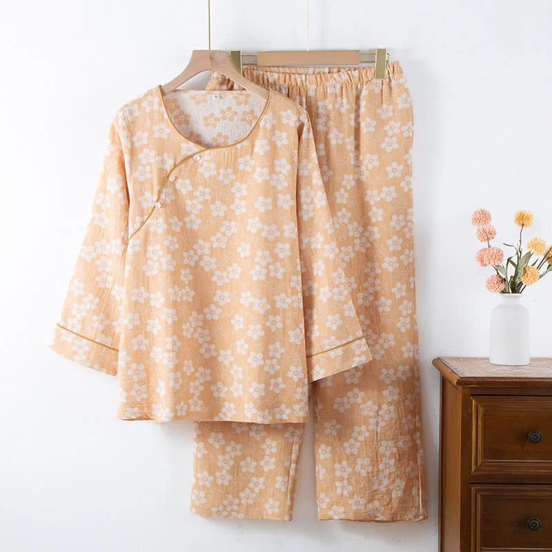 Retro-Pyjama-Set aus garngefärbtem Baumwolljacquard mit Blumenmuster