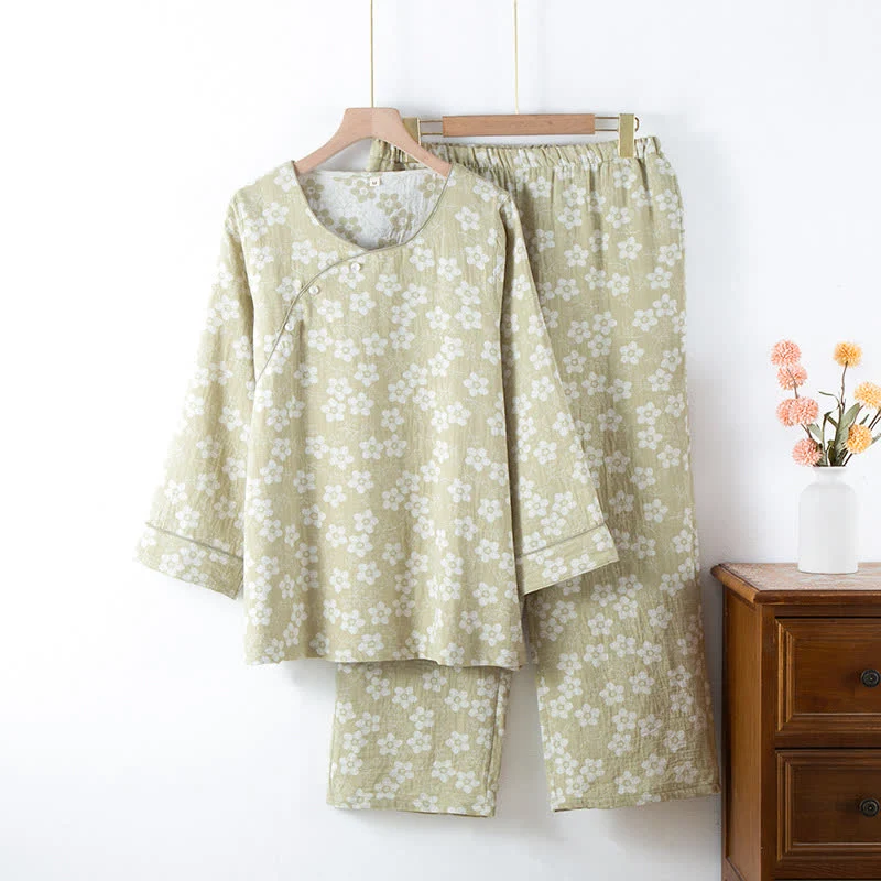Retro-Pyjama-Set aus garngefärbtem Baumwolljacquard mit Blumenmuster
