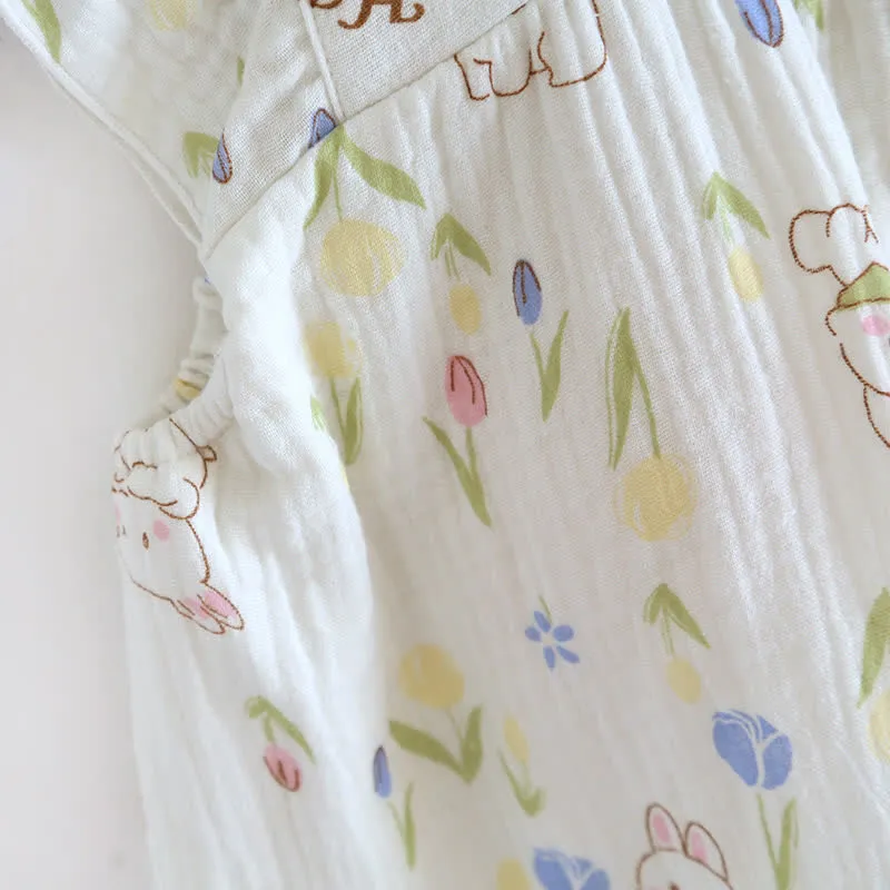 Loungewear-Set mit geblümtem Kaninchen-Print und Flatterärmeln