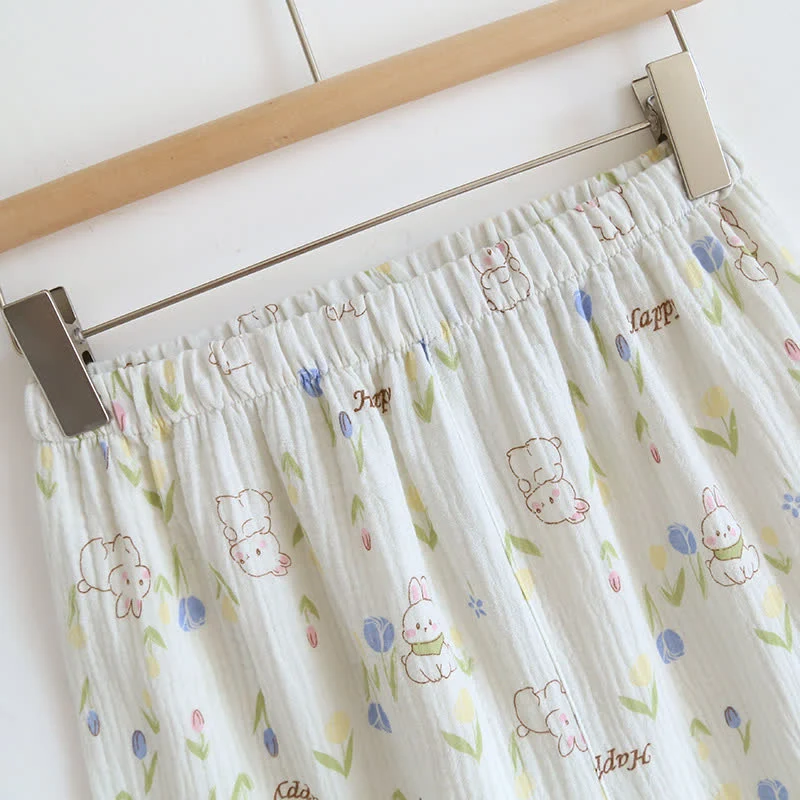 Loungewear-Set mit geblümtem Kaninchen-Print und Flatterärmeln
