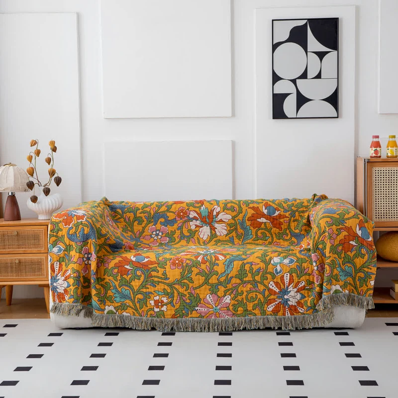 Wendesteppdecke aus Baumwolle mit Blumenmuster im Vintage-Stil und Quasten