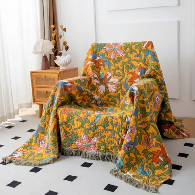Wendesteppdecke aus Baumwolle mit Blumenmuster im Vintage-Stil und Quasten