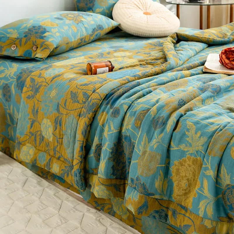 Luxuriöse doppellagige Sommersteppdecke aus Baumwolle mit Blumenmuster im Jacquard-Stil