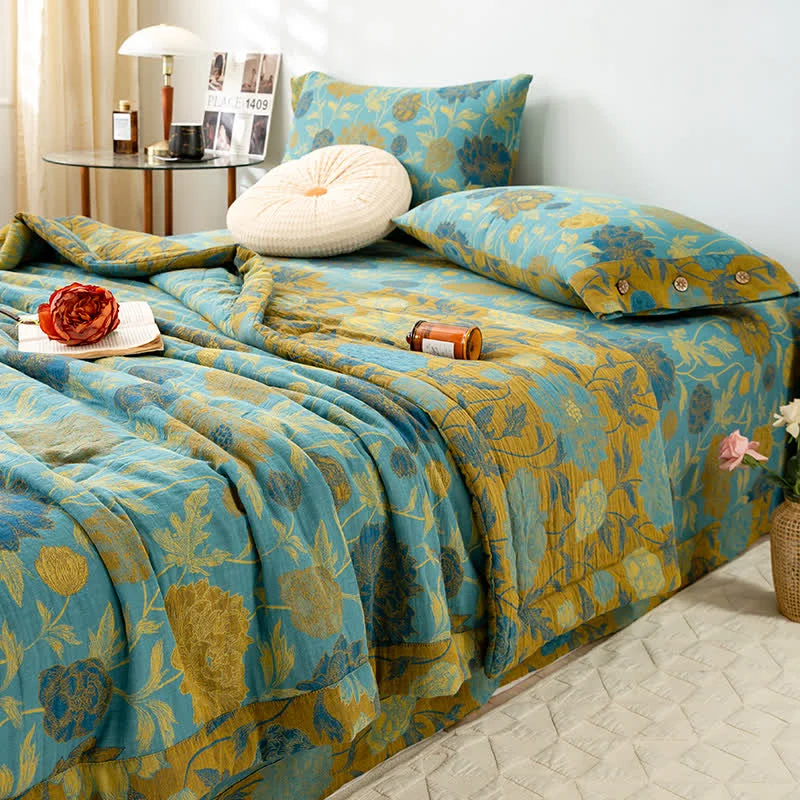 Luxuriöse doppellagige Sommersteppdecke aus Baumwolle mit Blumenmuster im Jacquard-Stil