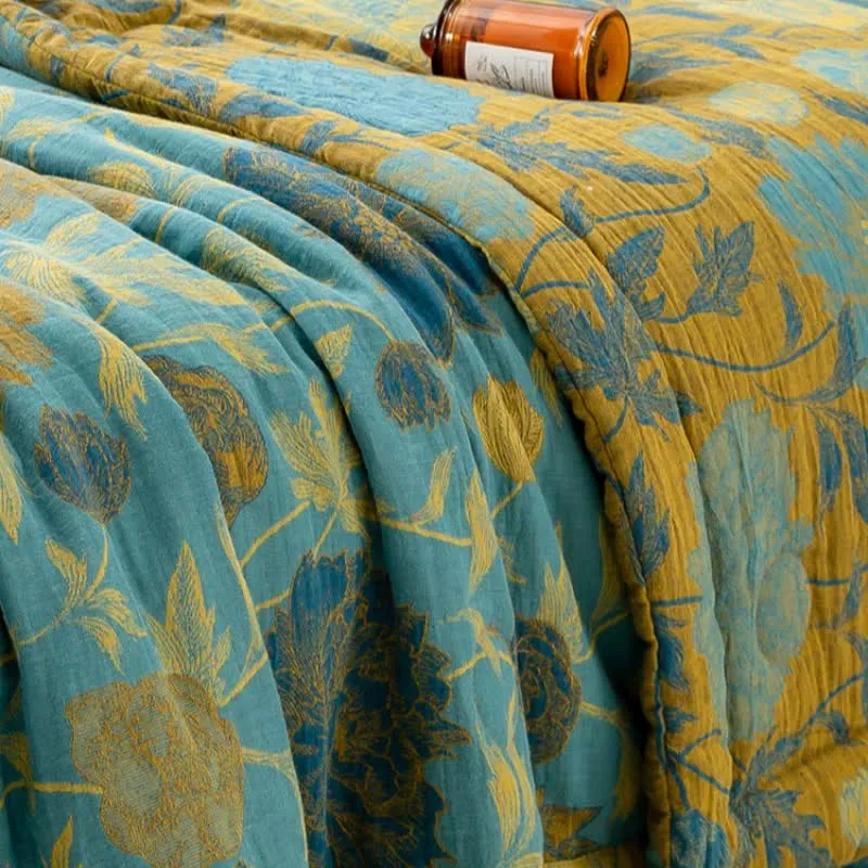 Luxuriöse doppellagige Sommersteppdecke aus Baumwolle mit Blumenmuster im Jacquard-Stil