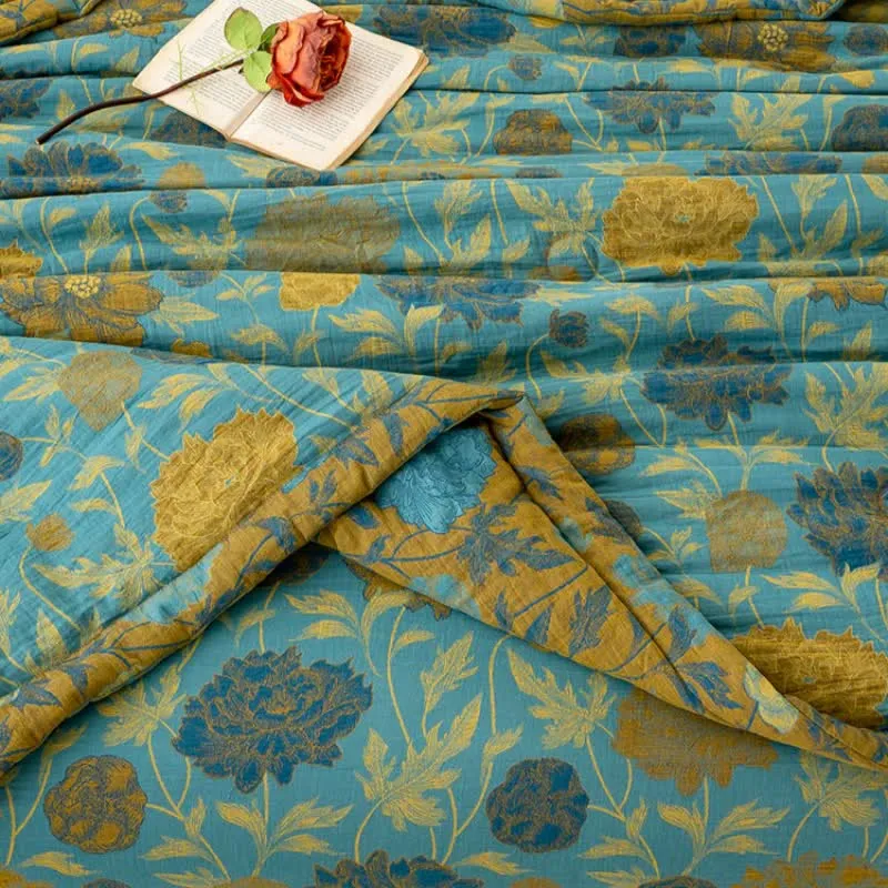 Luxuriöse doppellagige Sommersteppdecke aus Baumwolle mit Blumenmuster im Jacquard-Stil