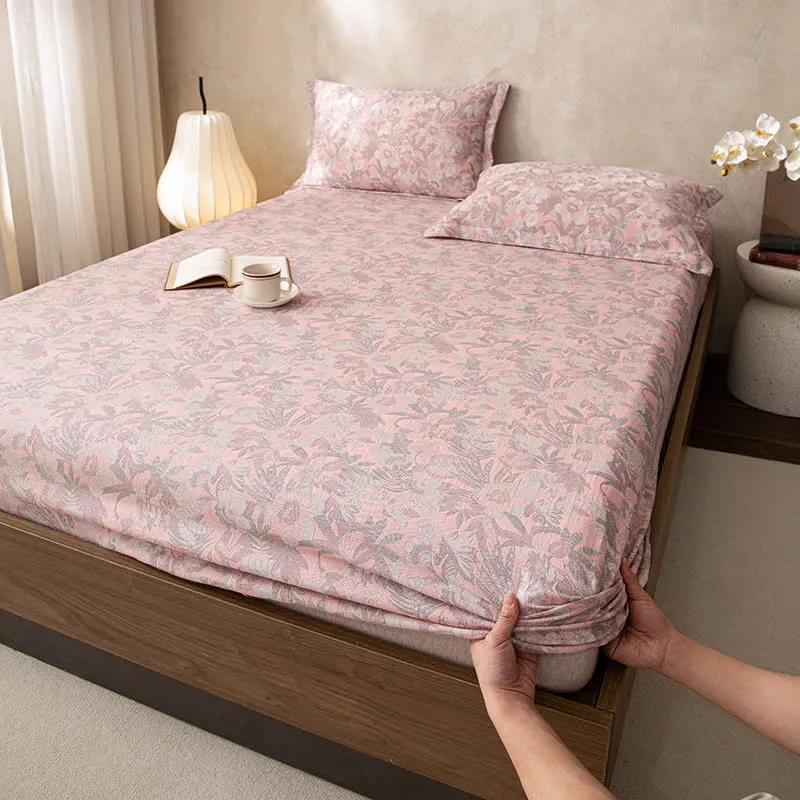 Doppellagiges Spannbettlaken aus Gaze-Jacquard mit Blumenmuster