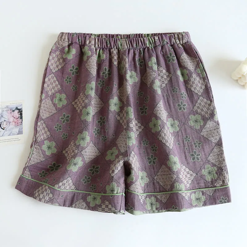 Pyjama-Shorts aus reiner Baumwolle mit Schachbrettmuster und Blumenmuster
