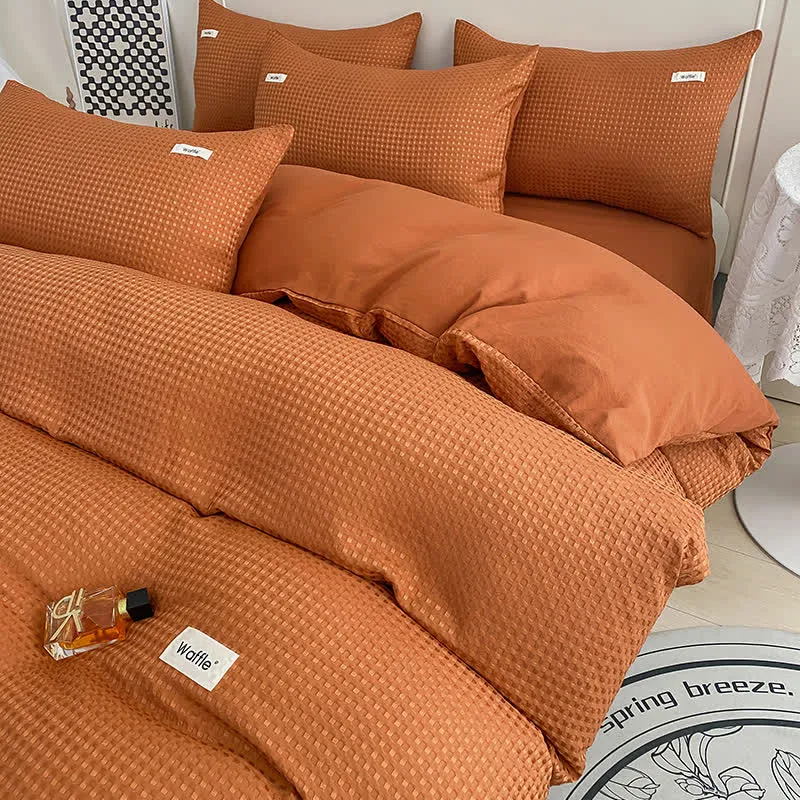 Bettwäscheset mit Waffelstruktur und einfarbiger Optik (4-teilig)
