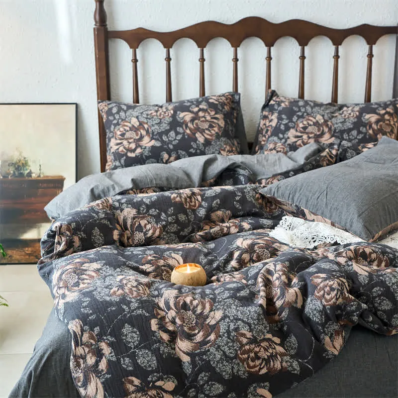 Retro-Bettwäscheset aus Baumwollgaze-Jacquard mit Blumenmuster (4-teilig)