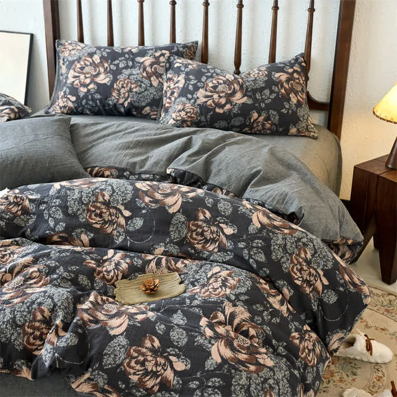 Retro-Bettwäscheset aus Baumwollgaze-Jacquard mit Blumenmuster (4-teilig)