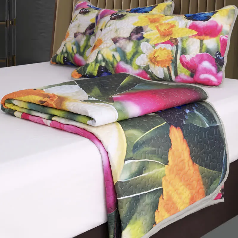 Buntes, gestepptes, leichtes Bettwäscheset mit Blumenmuster (3-teilig)