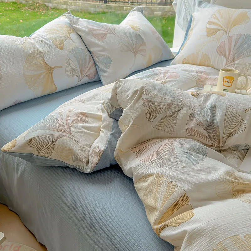 Bettbezug und Bettlaken mit Ginkgoblatt-Motiv (4-teilig)