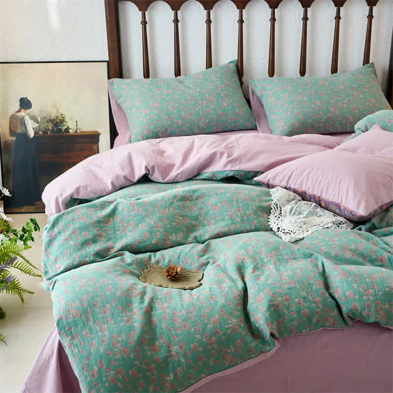 Bettwäscheset mit Jacquard-Blumenmuster und Gaze (4-teilig)